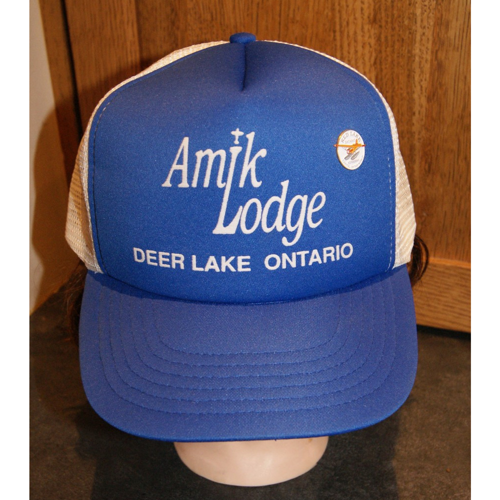 Vintage Amik Lodge Deer Lake Ontario, Canada Blue Trucker Hat Cap + Red Lake Pin